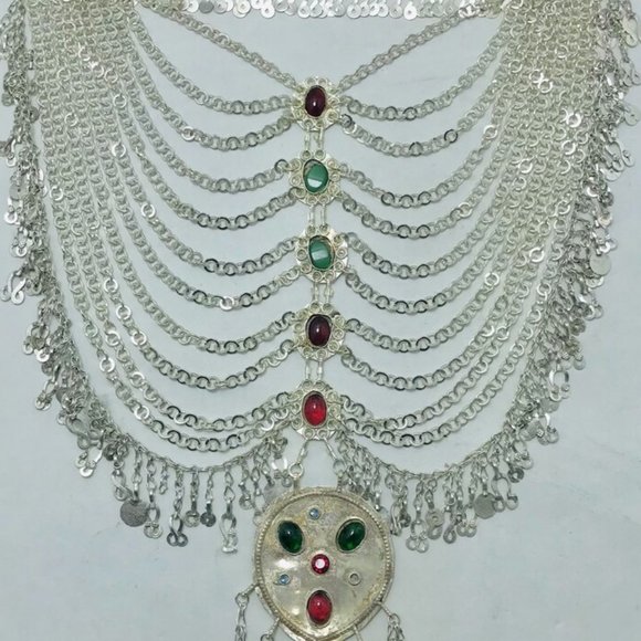 Multilayers Bib Necklace, Tribal Afghani Silver Kuchi Bib Necklace - Picture 9 of 13